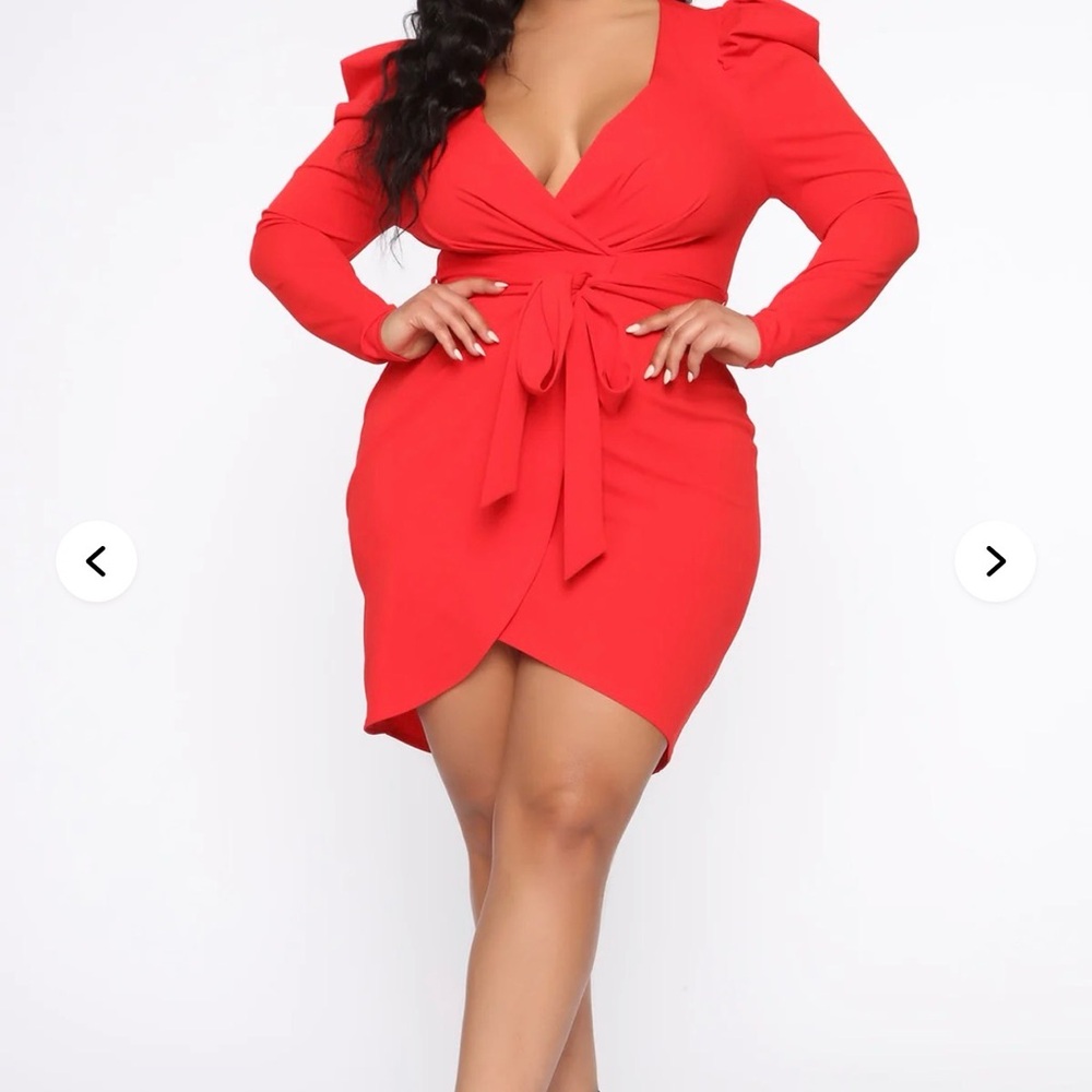 Red Tie-Waist V-Neck Long Sleeve Dress 3x